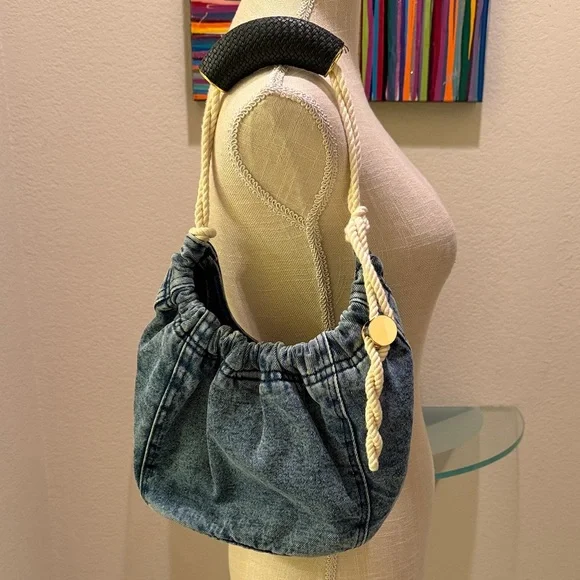 Denim Shoulder Bag with Rope Handle - Picture 2 of 6